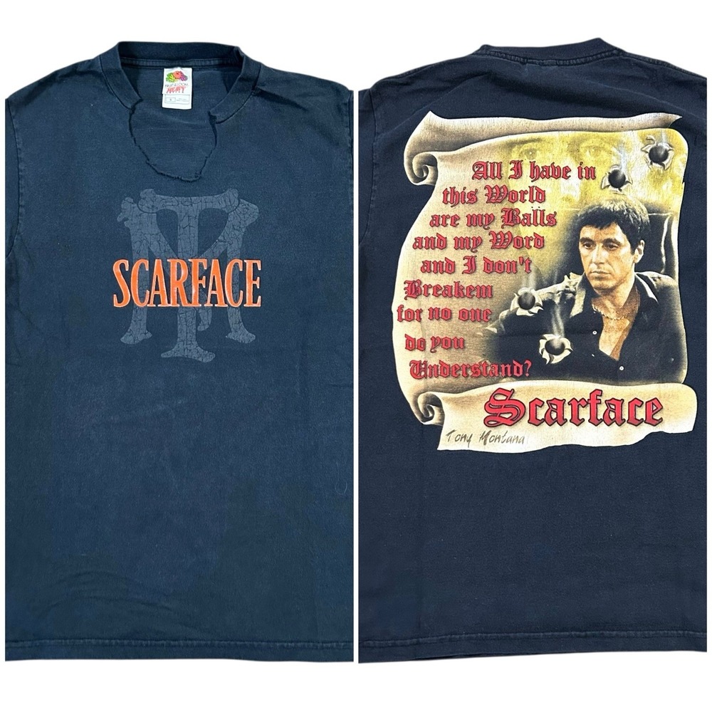 Y2K Scarface T-shirt Sz Small Cut Neck Distressed Double Sided